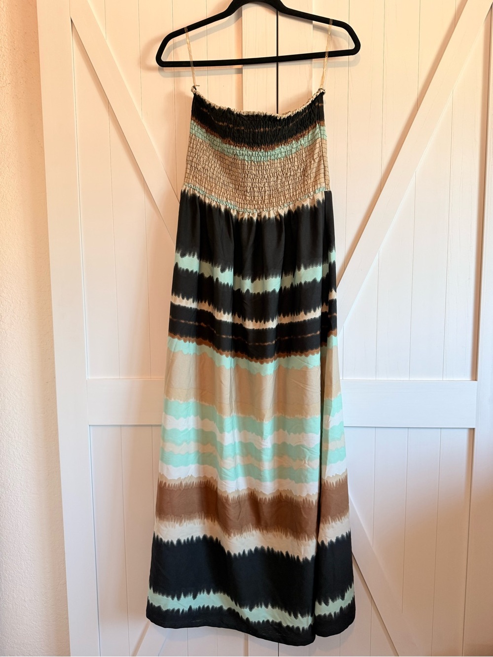 Striped Tube Top Maxi Dress  in Navy, Mint & Tan